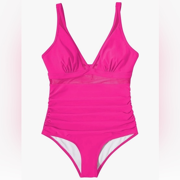 Women Pink Sexy Mesh Tummy Control Swimsuit High Waisted Bathing Suit Small - Picture 3 of 7